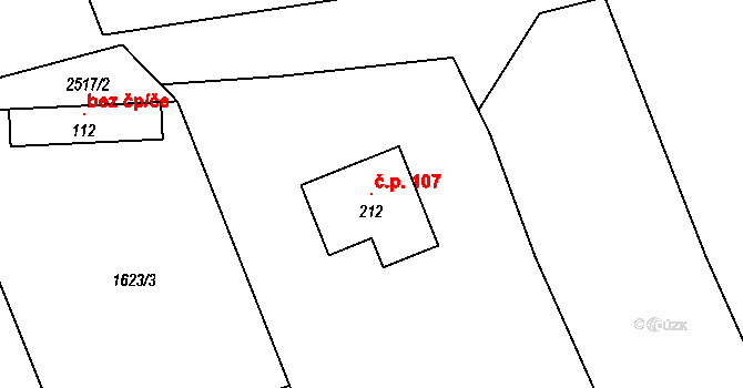 Radostice 107, Borovany na parcele st. 212 v KÚ Radostice u Trocnova, Katastrální mapa