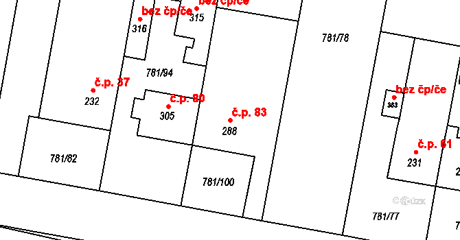 Jednov 83, Suchdol na parcele st. 288 v KÚ Suchdol u Konice, Katastrální mapa