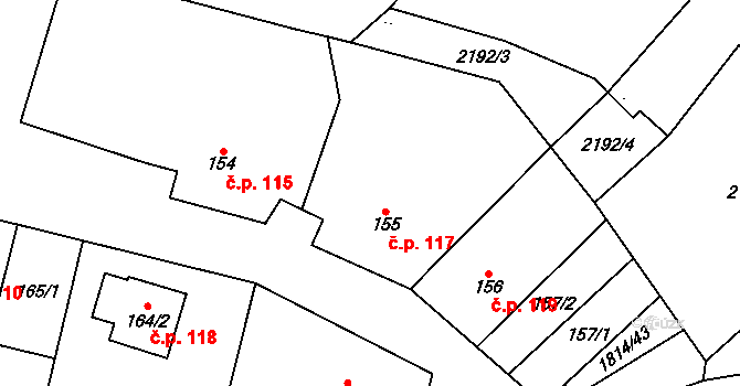 Jiřice u Miroslavi 117 na parcele st. 155 v KÚ Jiřice u Miroslavi, Katastrální mapa