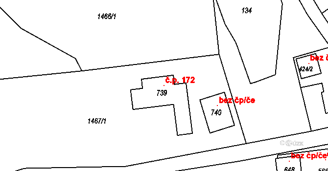 Huntířov 172, Skuhrov na parcele st. 739 v KÚ Skuhrov u Železného Brodu, Katastrální mapa