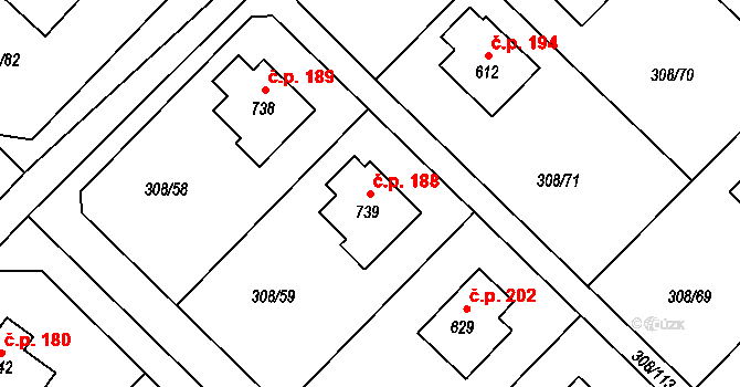 Kamenný Přívoz 188 na parcele st. 739 v KÚ Kamenný Přívoz, Katastrální mapa