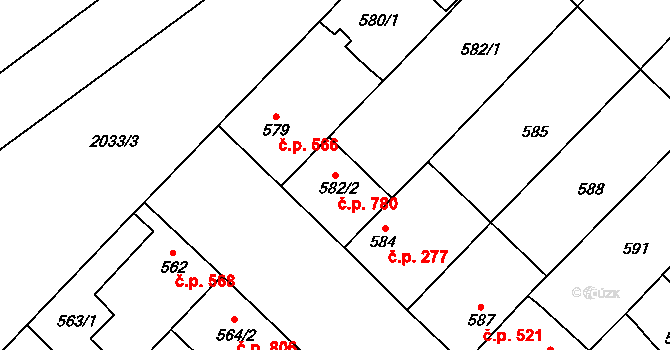 Lužice 780 na parcele st. 582/2 v KÚ Lužice u Hodonína, Katastrální mapa