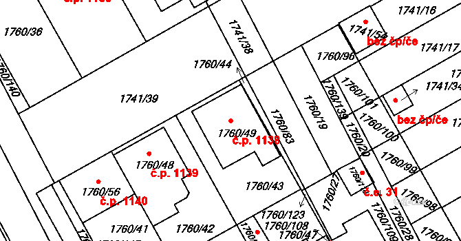 Rohatec 1138 na parcele st. 1760/49 v KÚ Rohatec, Katastrální mapa