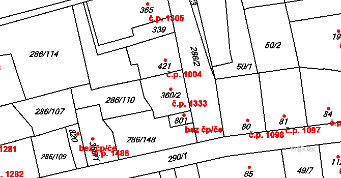 Švermov 1333, Kladno na parcele st. 360/2 v KÚ Hnidousy, Katastrální mapa