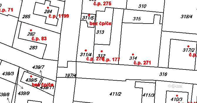 Kosmonosy 177 na parcele st. 312 v KÚ Kosmonosy, Katastrální mapa