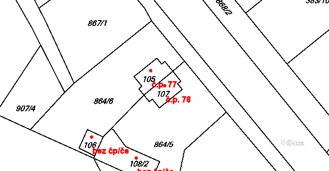 Těchlovice 78, Stříbro na parcele st. 107 v KÚ Těchlovice u Stříbra, Katastrální mapa