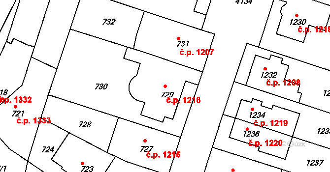 Roudnice nad Labem 1216 na parcele st. 729 v KÚ Roudnice nad Labem, Katastrální mapa