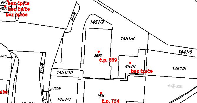 Rožnov pod Radhoštěm 599 na parcele st. 2603 v KÚ Rožnov pod Radhoštěm, Katastrální mapa
