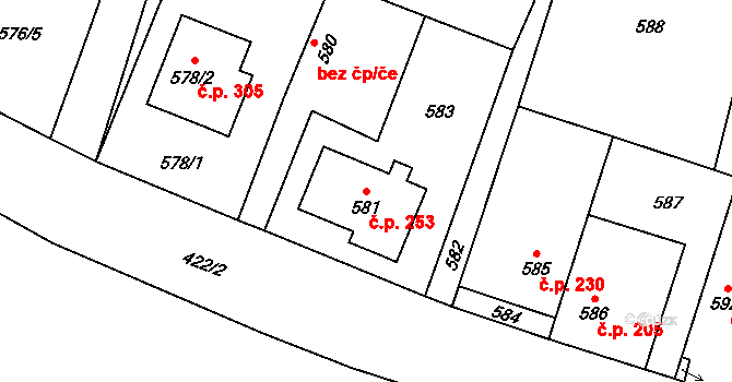 Semice 253 na parcele st. 581 v KÚ Semice nad Labem, Katastrální mapa
