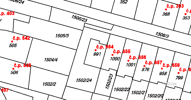 Jevíčko 654 na parcele st. 991 v KÚ Jevíčko-předměstí, Katastrální mapa