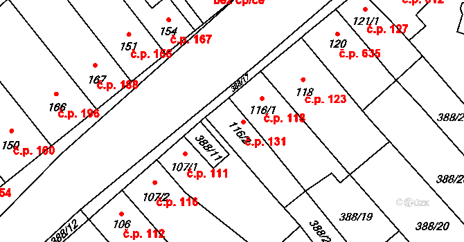 Okříšky 131 na parcele st. 116/2 v KÚ Okříšky, Katastrální mapa