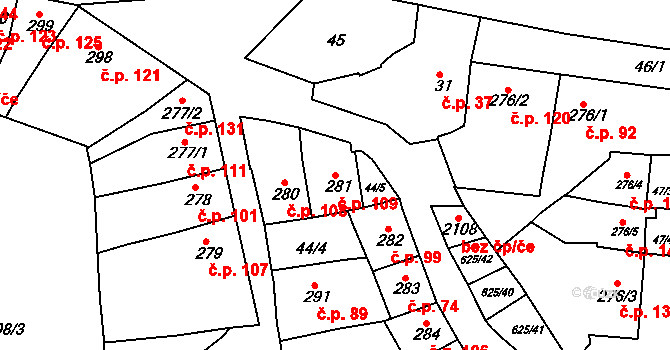 Podklášteří 109, Třebíč na parcele st. 281 v KÚ Podklášteří, Katastrální mapa