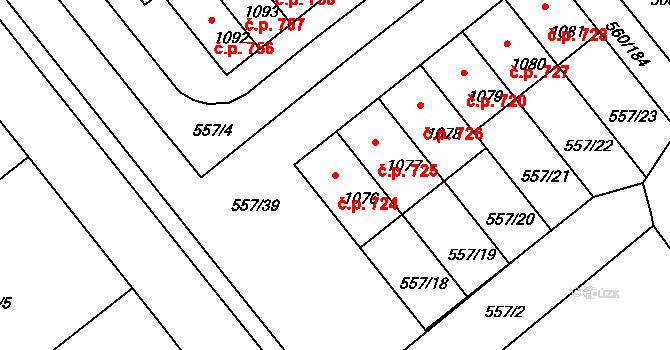 Podklášteří 724, Třebíč na parcele st. 1076 v KÚ Podklášteří, Katastrální mapa