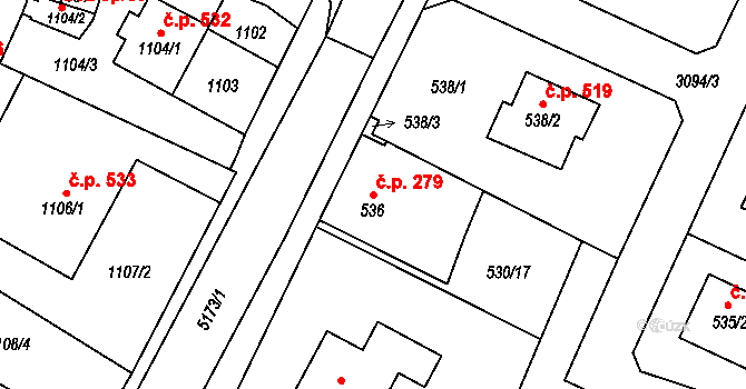 Místek 279, Frýdek-Místek na parcele st. 536 v KÚ Místek, Katastrální mapa