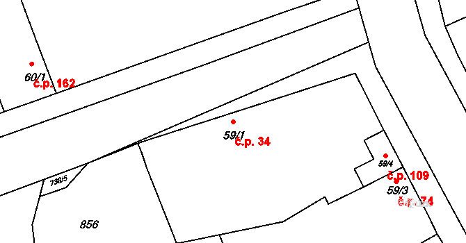 Luštěnice 34 na parcele st. 59/1 v KÚ Luštěnice, Katastrální mapa