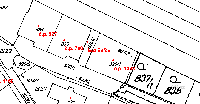 Mutěnice 1063 na parcele st. 836/1 v KÚ Mutěnice, Katastrální mapa