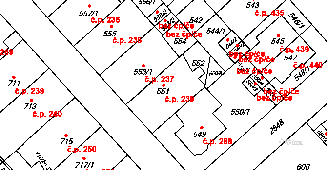 Doubravka 238, Plzeň na parcele st. 551 v KÚ Doubravka, Katastrální mapa