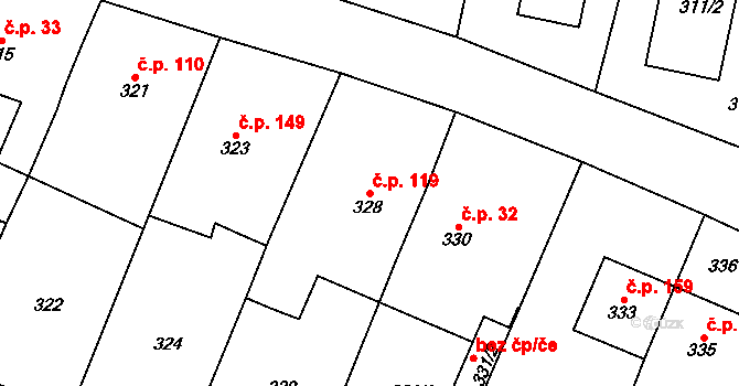 Hradčany 119 na parcele st. 328 v KÚ Hradčany u Tišnova, Katastrální mapa