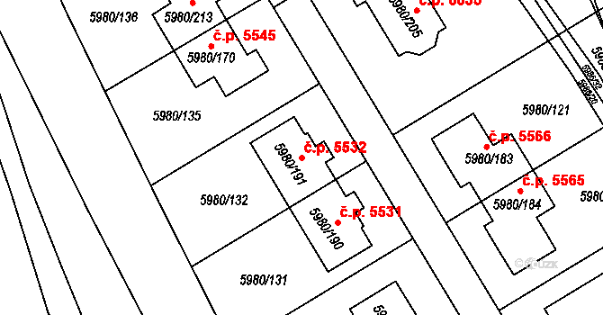 Chomutov 5532 na parcele st. 5980/191 v KÚ Chomutov I, Katastrální mapa