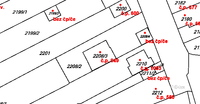 Újezd u Brna 949 na parcele st. 2208/3 v KÚ Újezd u Brna, Katastrální mapa