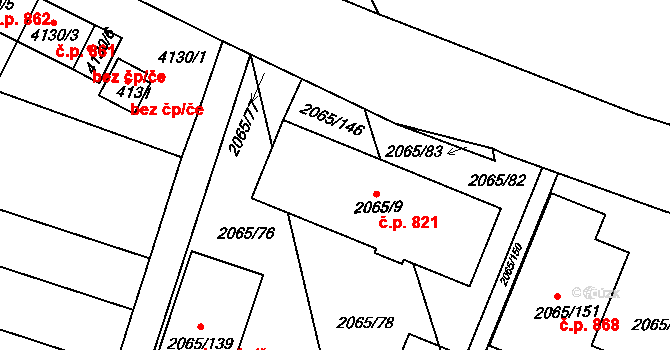 Tuřany 821, Brno na parcele st. 2065/9 v KÚ Tuřany, Katastrální mapa