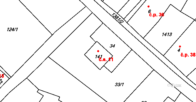 Brocno 11, Štětí na parcele st. 141 v KÚ Brocno, Katastrální mapa