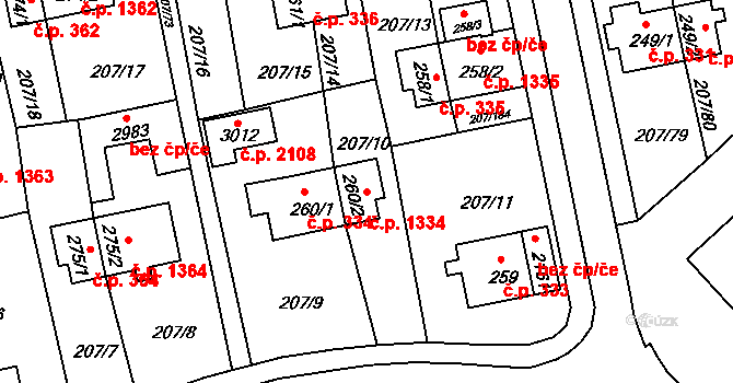 Sezimovo Ústí 1334 na parcele st. 260/2 v KÚ Sezimovo Ústí, Katastrální mapa
