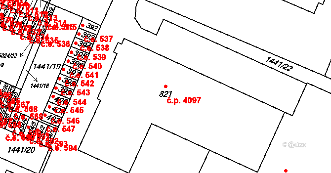 Příluky 4097, Zlín na parcele st. 821 v KÚ Příluky u Zlína, Katastrální mapa