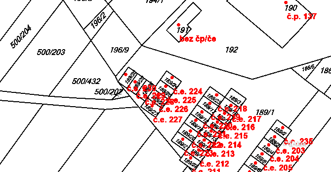 Nebovidy 225 na parcele st. 189/25 v KÚ Nebovidy u Brna, Katastrální mapa