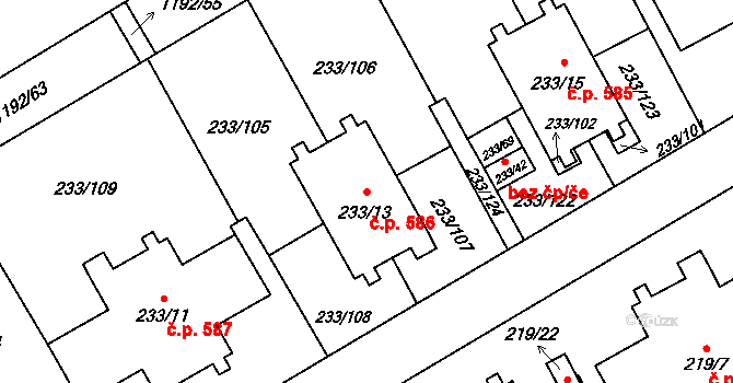 Vítkovice 586, Ostrava na parcele st. 233/13 v KÚ Vítkovice, Katastrální mapa