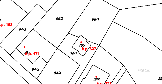 Příluky 337, Zlín na parcele st. 706 v KÚ Příluky u Zlína, Katastrální mapa
