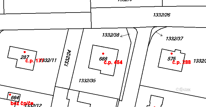 Kudlov 454, Zlín na parcele st. 688 v KÚ Kudlov, Katastrální mapa
