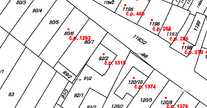 Hluk 1318 na parcele st. 92/2 v KÚ Hluk, Katastrální mapa