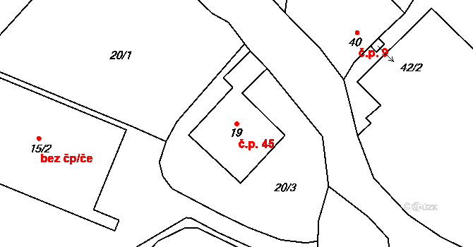 Žežice 45, Chuderov na parcele st. 19 v KÚ Žežice u Chuderova, Katastrální mapa