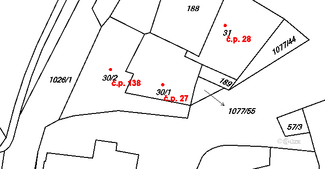 Čimelice 27 na parcele st. 30/1 v KÚ Čimelice, Katastrální mapa