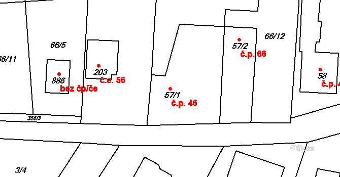 Lhota 46, Dolní Břežany na parcele st. 57/1 v KÚ Lhota u Dolních Břežan, Katastrální mapa