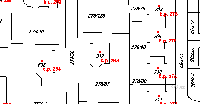 Dolní Jirčany 263, Psáry na parcele st. 917 v KÚ Dolní Jirčany, Katastrální mapa