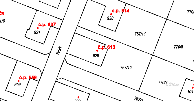 Nové Město nad Metují 613 na parcele st. 929 v KÚ Nové Město nad Metují, Katastrální mapa