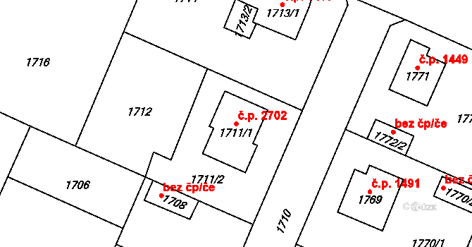 Újezd nad Lesy 2702, Praha na parcele st. 1711/1 v KÚ Újezd nad Lesy, Katastrální mapa
