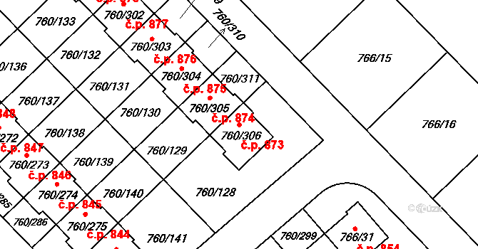 Letňany 873, Praha na parcele st. 760/306 v KÚ Letňany, Katastrální mapa