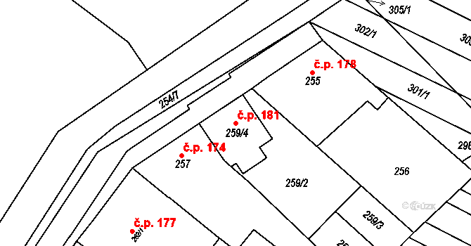 Hrušky 181 na parcele st. 259/4 v KÚ Hrušky, Katastrální mapa