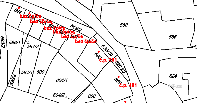 Klobouky u Brna 351 na parcele st. 603 v KÚ Klobouky u Brna, Katastrální mapa