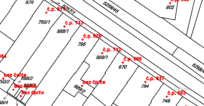 Velké Bílovice 712 na parcele st. 889/1 v KÚ Velké Bílovice, Katastrální mapa