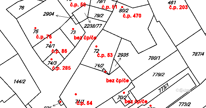 Vrbice 53 na parcele st. 72 v KÚ Vrbice u Velkých Pavlovic, Katastrální mapa