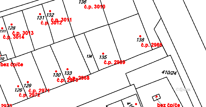 Znojmo 2969 na parcele st. 135 v KÚ Znojmo-Louka, Katastrální mapa