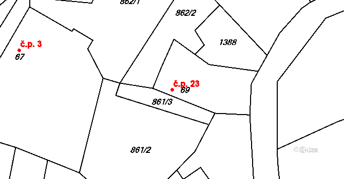 Jiřice 23, Řendějov na parcele st. 69 v KÚ Řendějov, Katastrální mapa