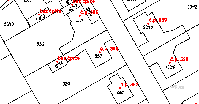 Lyžbice 364, Třinec na parcele st. 52/7 v KÚ Lyžbice, Katastrální mapa
