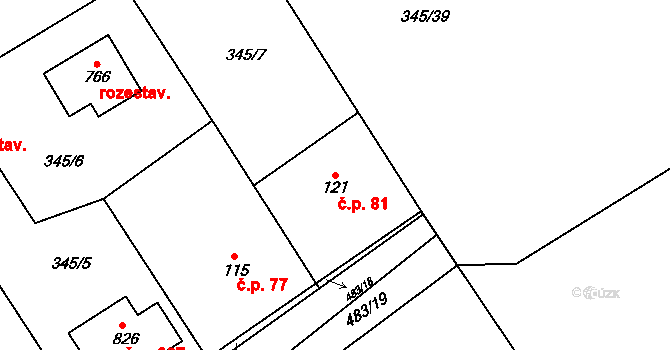 Řež 81, Husinec na parcele st. 121/3 v KÚ Husinec u Řeže, Katastrální mapa