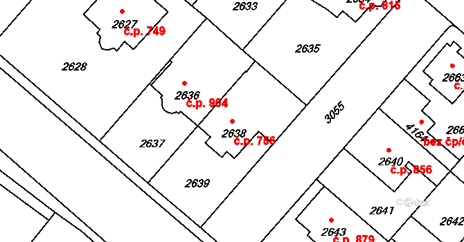 Čelákovice 756 na parcele st. 2638 v KÚ Čelákovice, Katastrální mapa