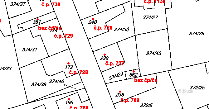 Hostivice 727 na parcele st. 239 v KÚ Litovice, Katastrální mapa